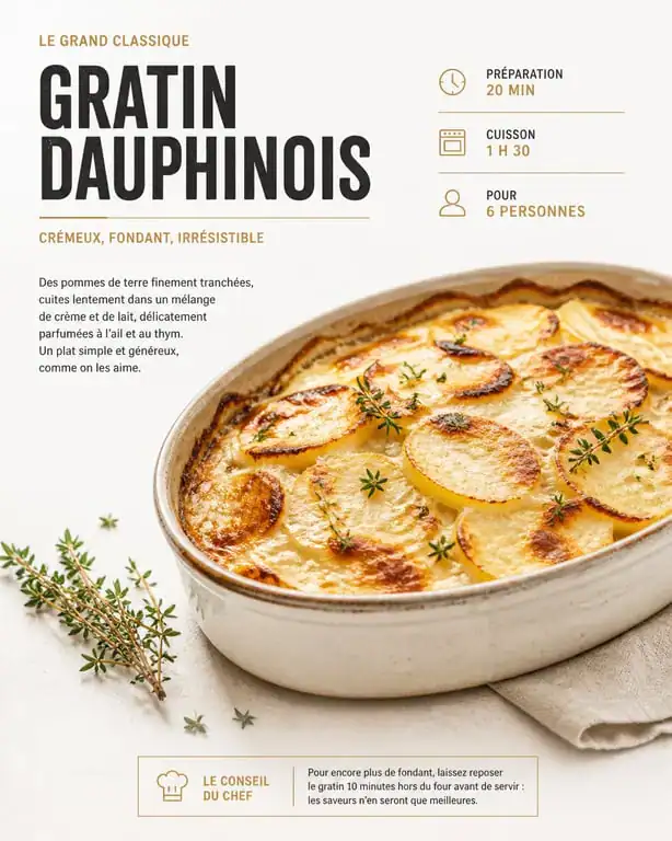 Gratin dauphinois traditionnel préparé avec 1 kg de pommes de terre