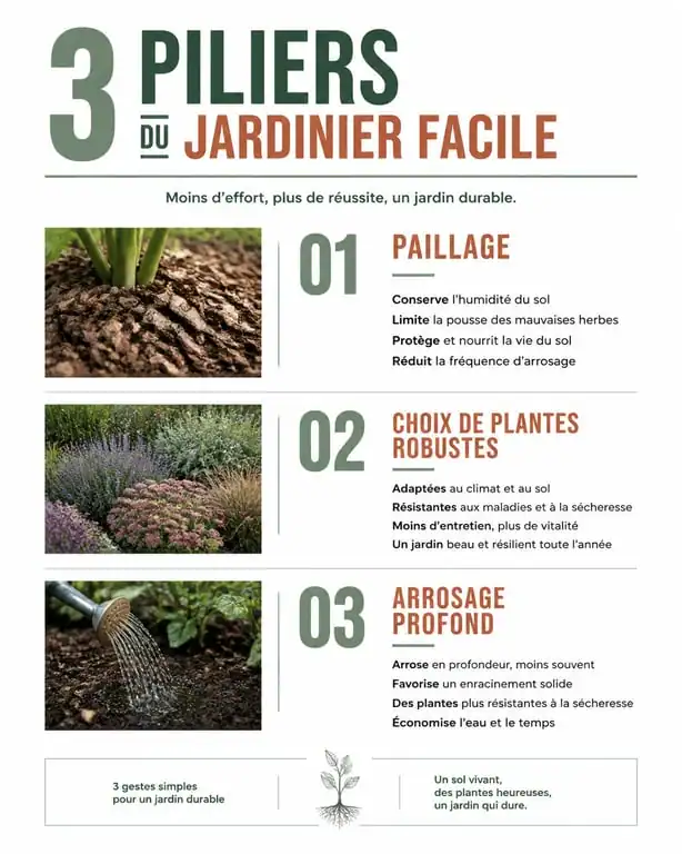 Infographie des 3 piliers du jardinier facile : paillage, plantes robustes et arrosage