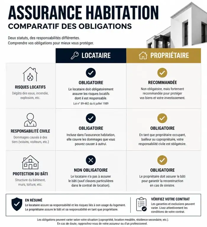 Infographie comparative des obligations d'assurance habitation locataire et propriétaire
