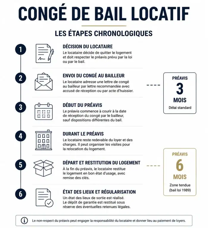 Infographie des étapes et délais de la procédure de congé pour mon propriétaire veut récupérer son bien