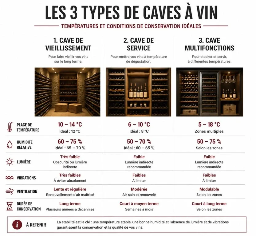 Infographie comparative des types de caves à vin pour bien choisir sa cave à vin selon ses besoins de conservation.