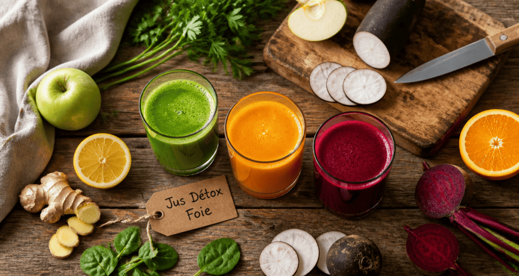 jus detox pour le foie sur table avec fruits et légumes