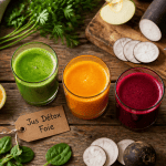 jus detox pour le foie sur table avec fruits et légumes