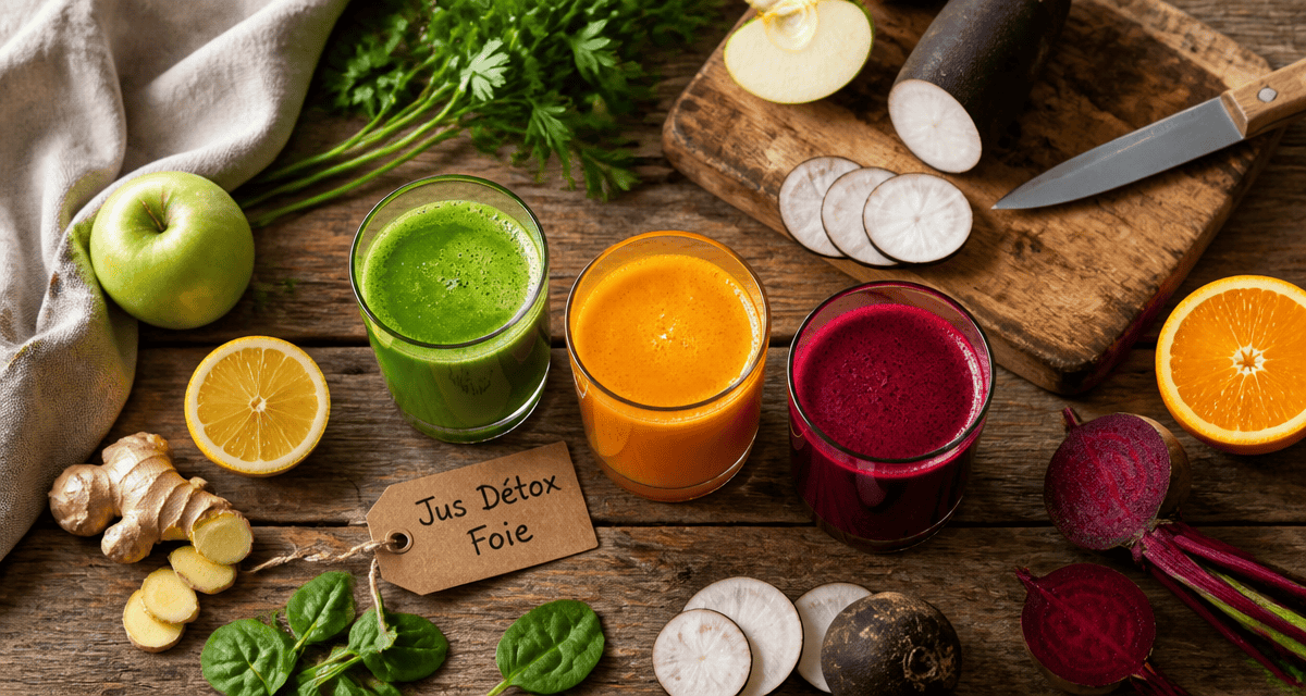 jus detox pour le foie sur table avec fruits et légumes