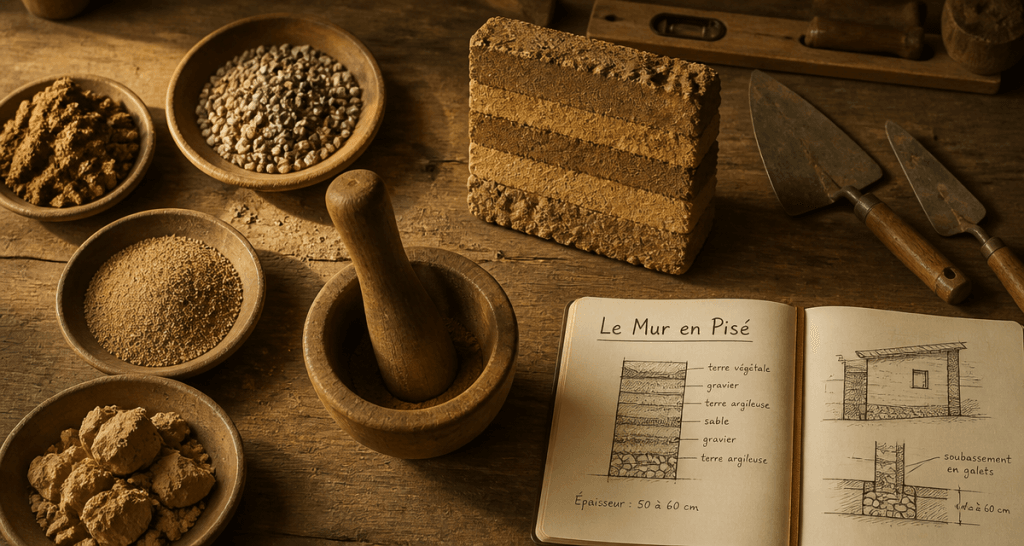 échantillons et outils pour mur en pisé