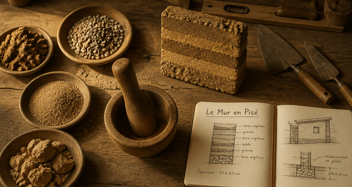 échantillons et outils pour mur en pisé