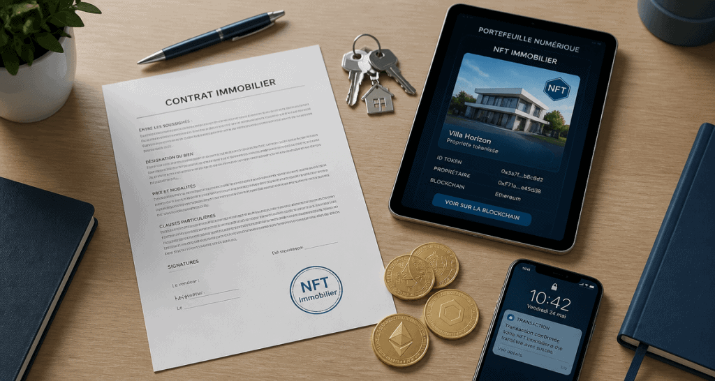 NFT immobilier contrat et portefeuille sur bureau
