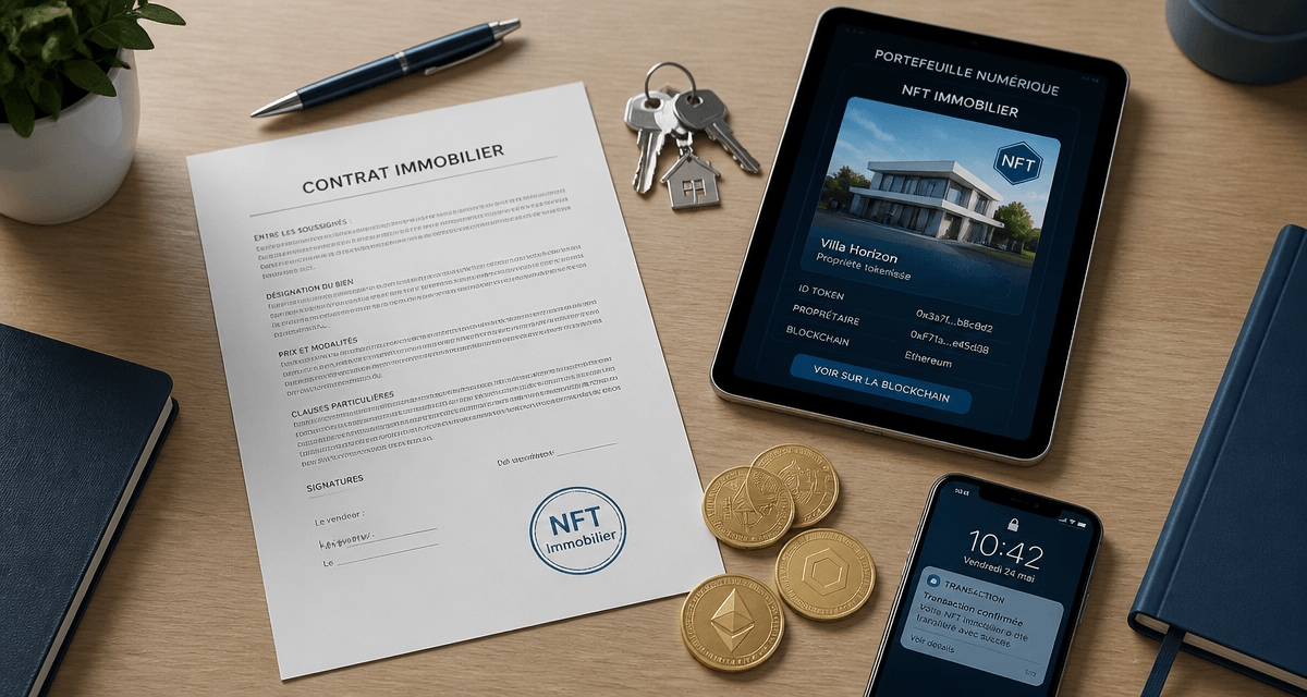 NFT immobilier contrat et portefeuille sur bureau