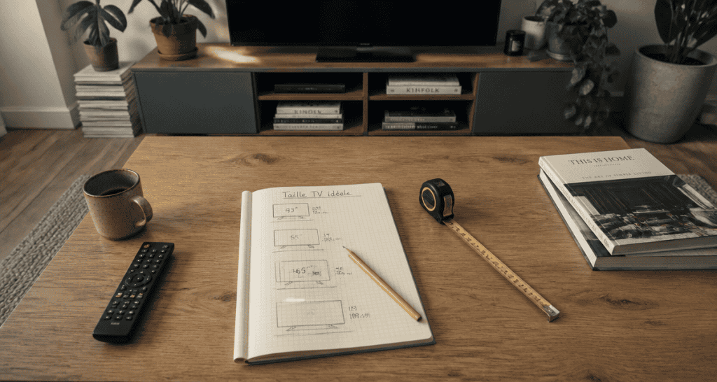 quelle taille de tv choisir pour un salon, flat-lay table basse, télécommande, carnet, mètre, téléviseur