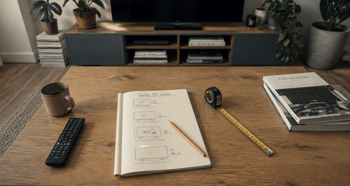 quelle taille de tv choisir pour un salon, flat-lay table basse, télécommande, carnet, mètre, téléviseur