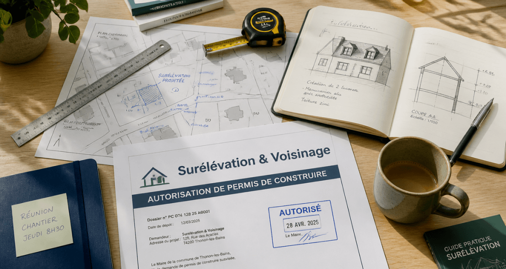 Plan de surélévation maison et voisinage sur bureau