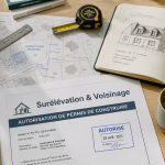 Plan de surélévation maison et voisinage sur bureau