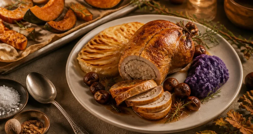 Accompagnement pour chapon farci : table de fête, chapon farci rôti, duos de saveurs