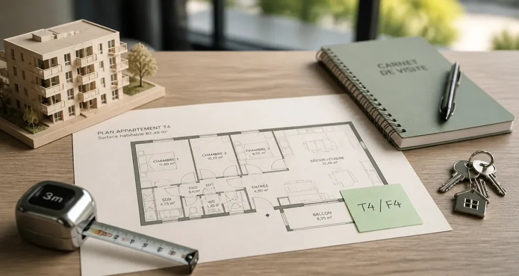 Appartement T4 : plan d’appartement et clés en agence immobilière