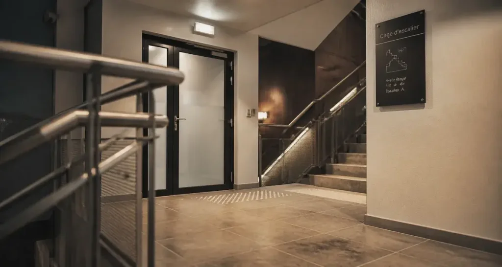 cage d'escalier immeuble : sécurité incendie, rampe, porte coupe-feu, BAES