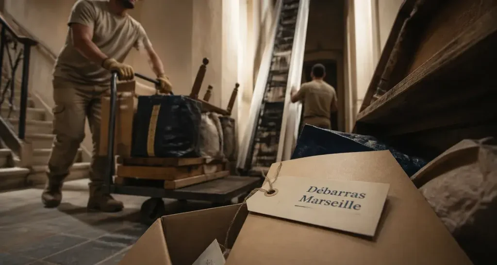 Débarras Marseille : équipe de débarras en appartement, chariot et monte-meuble