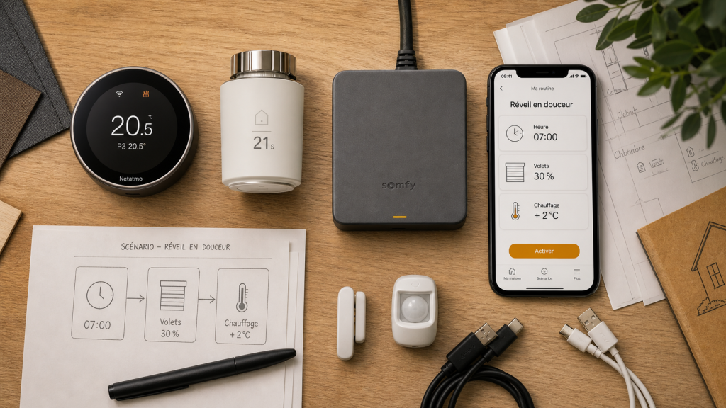 Domotique exemple : thermostat connecté, vanne radiateur et hub pour scénarios chauffage et sécurité