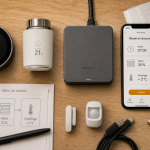 Domotique exemple : thermostat connecté, vanne radiateur et hub pour scénarios chauffage et sécurité
