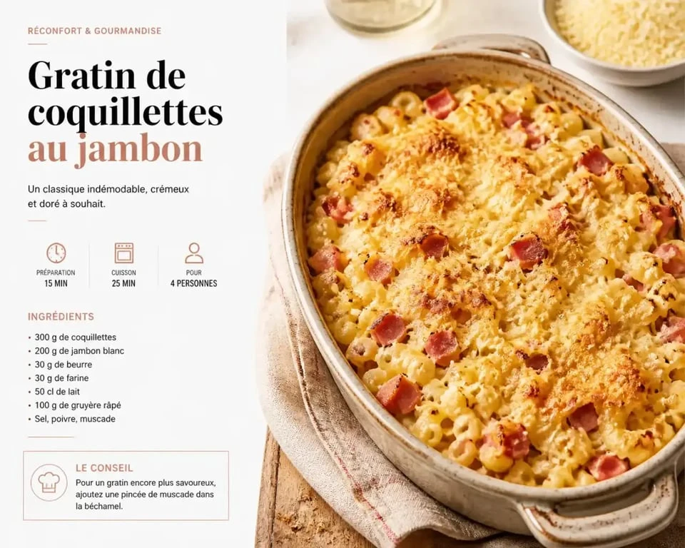 Gratin de coquillettes au jambon, une recette facile et pas chère pour un repas économique.
