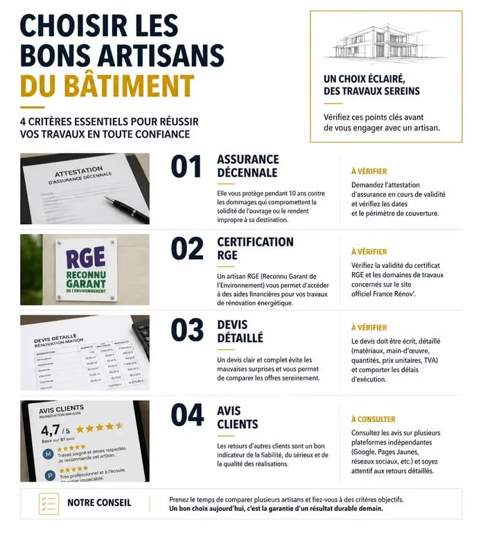 Infographie des critères de sélection pour choisir les artisans du bâtiment