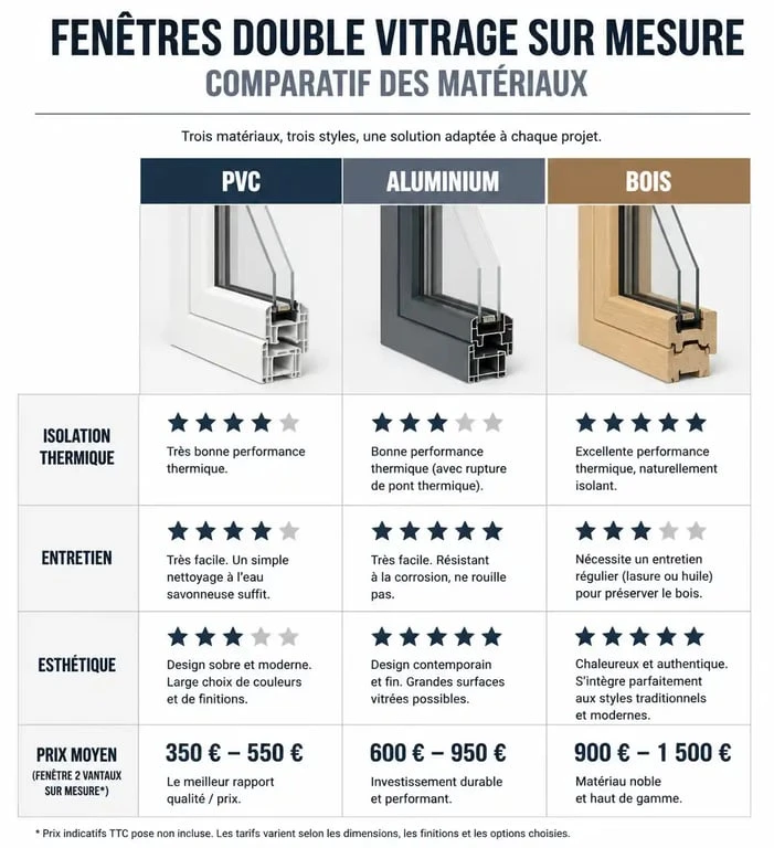 Comparatif des matériaux pour fenêtre double vitrage sur mesure : PVC, Aluminium et Bois