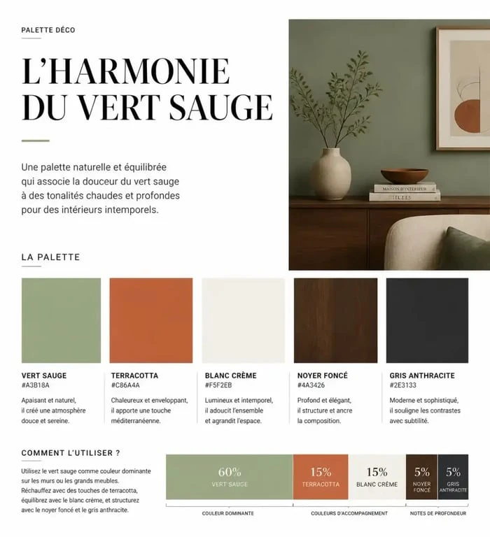 Palette de couleurs harmonieuses pour une décoration vert sauge : associations avec le terracotta, le bois et le blanc.