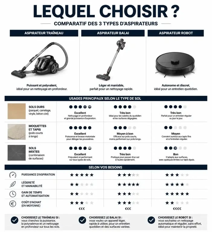 Infographie comparative pour choisir son aspirateur selon son type de sol et ses besoins