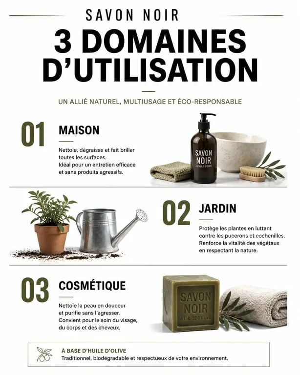 Infographie sur les différentes utilisations du savon noir pour la maison, le jardin et la beauté