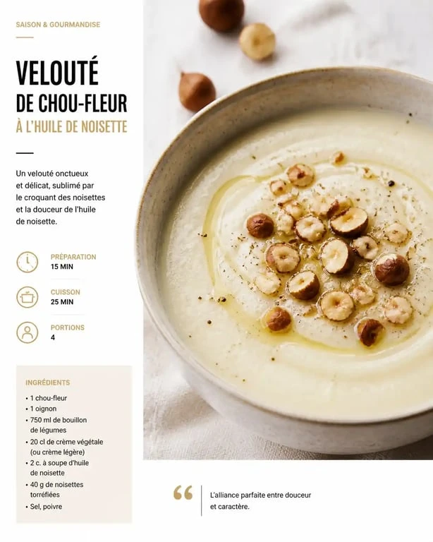 Velouté Dubarry revisité, plat signature du restaurant L'Échappée Belle