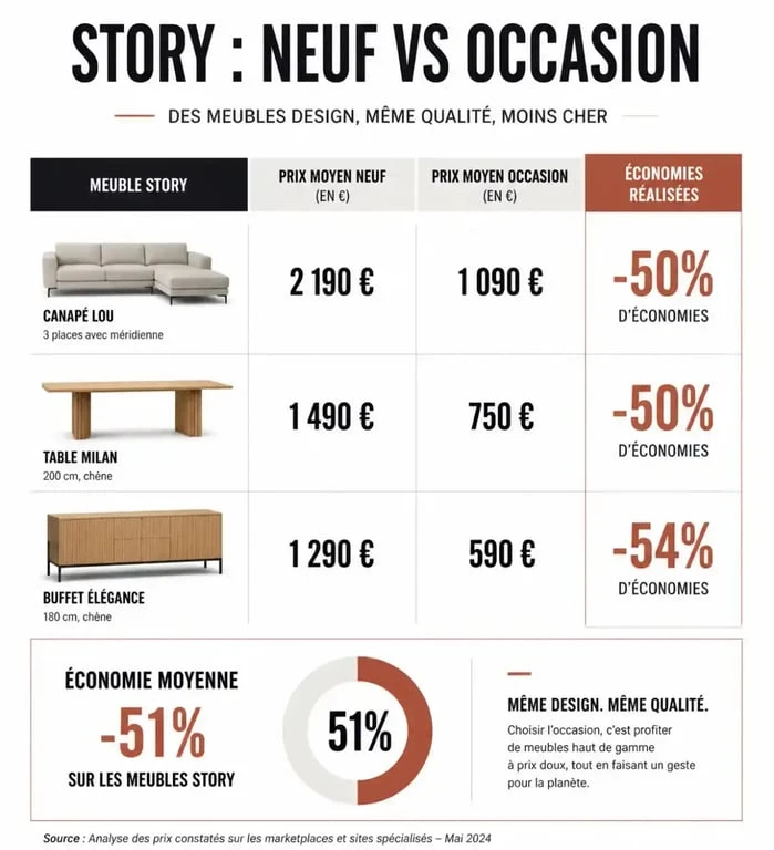 Infographie comparative des prix des meubles Story : neuf versus occasion pour canapés, tables et buffets