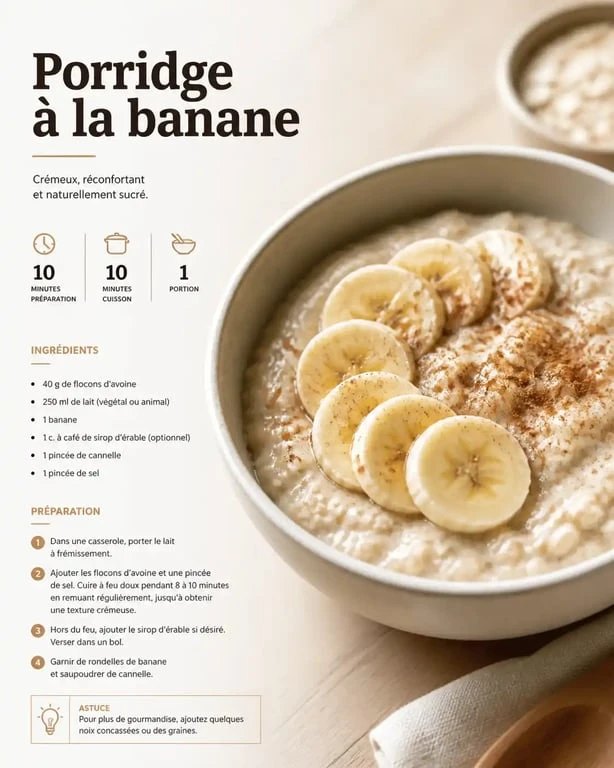 Bol de porridge aux flocons d'avoine et banane, recette saine pour le régime