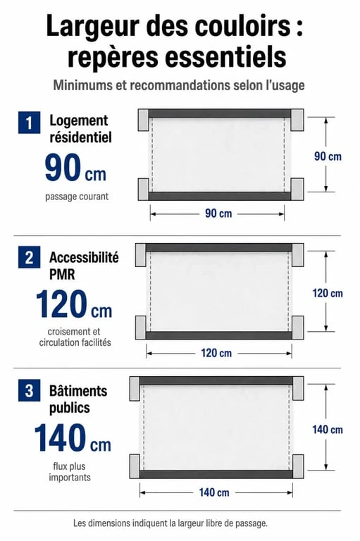 Infographie des largeurs minimales et recommandées pour un couloir selon les normes PMR et ERP