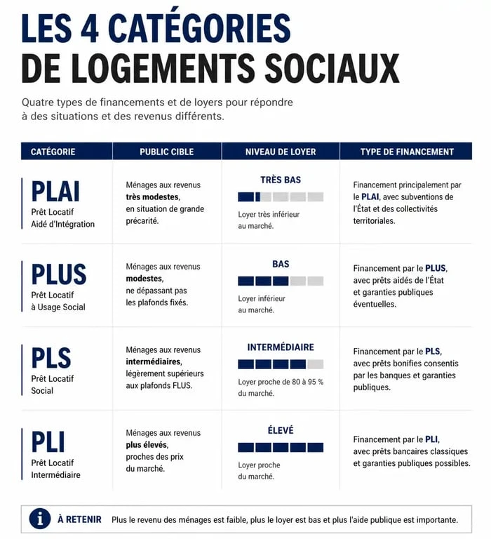 Infographie comparative des catégories de logements sociaux PLAI, PLUS, PLS et PLI