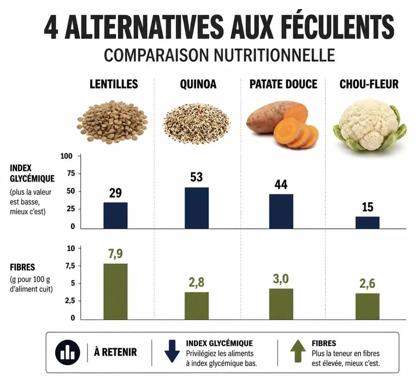 Infographie comparative des alternatives aux féculents : index glycémique et apports nutritionnels pour remplacer les pâtes et le riz.