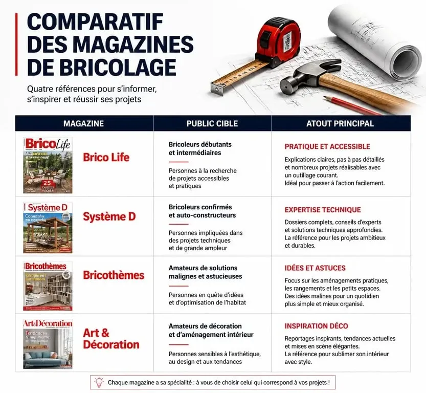 Tableau comparatif des magazines de bricolage : Brico Life, Système D, Bricothèmes et Art & Décoration pour choisir sa revue.