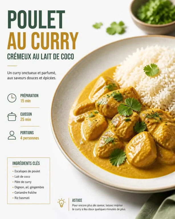 Plat à base de poulet au curry et lait de coco servi avec du riz basmati