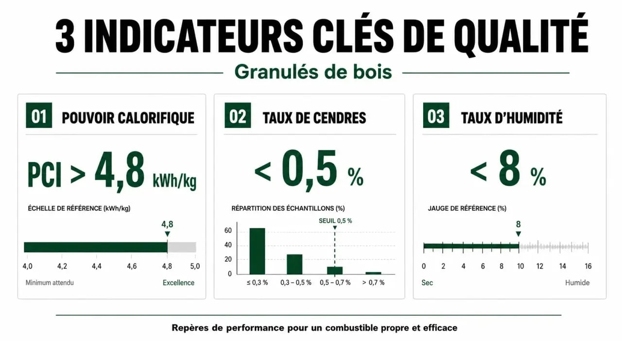Infographie des critères techniques pour identifier le meilleur pellet de bois pour poêle