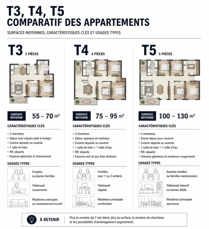 Comparatif des surfaces et caractéristiques entre appartement T3, T4 et T5 pour choisir son logement