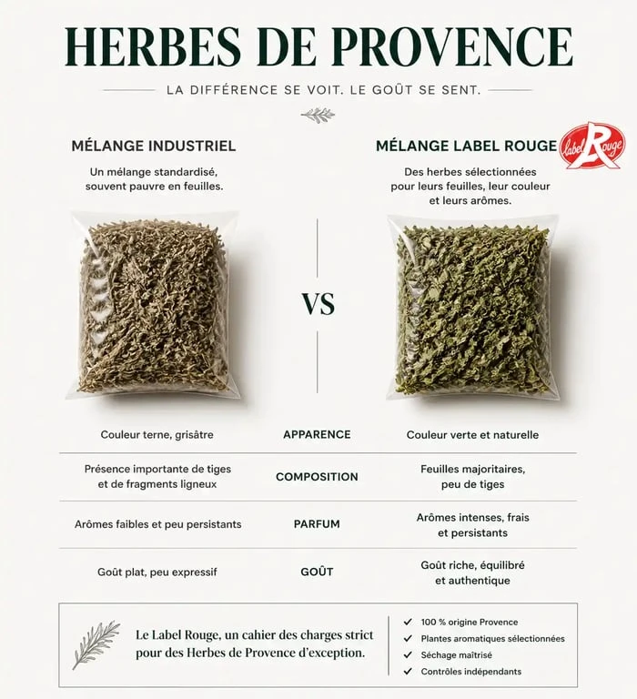 Comparaison visuelle entre les herbes de Provence industrielles et le mélange Label Rouge pour identifier la qualité