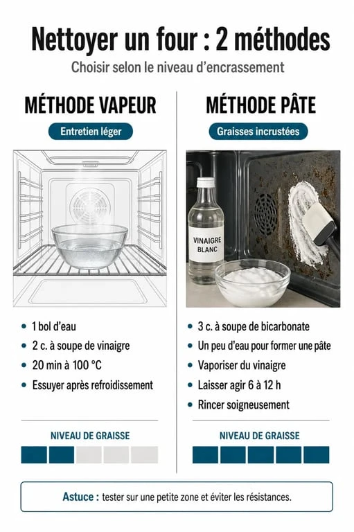 Infographie comparative des méthodes pour nettoyer son four au vinaigre blanc