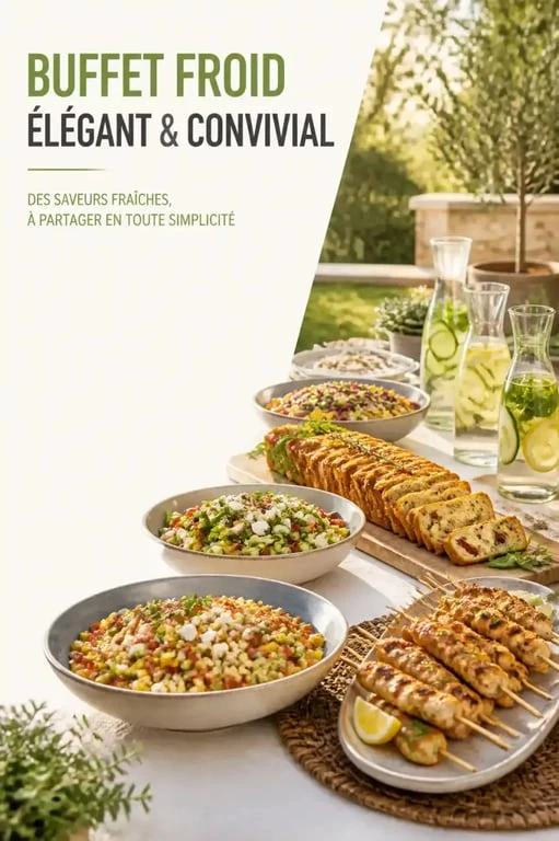 Buffet froid convivial entre amis avec salades et plats variés pour un repas en extérieur