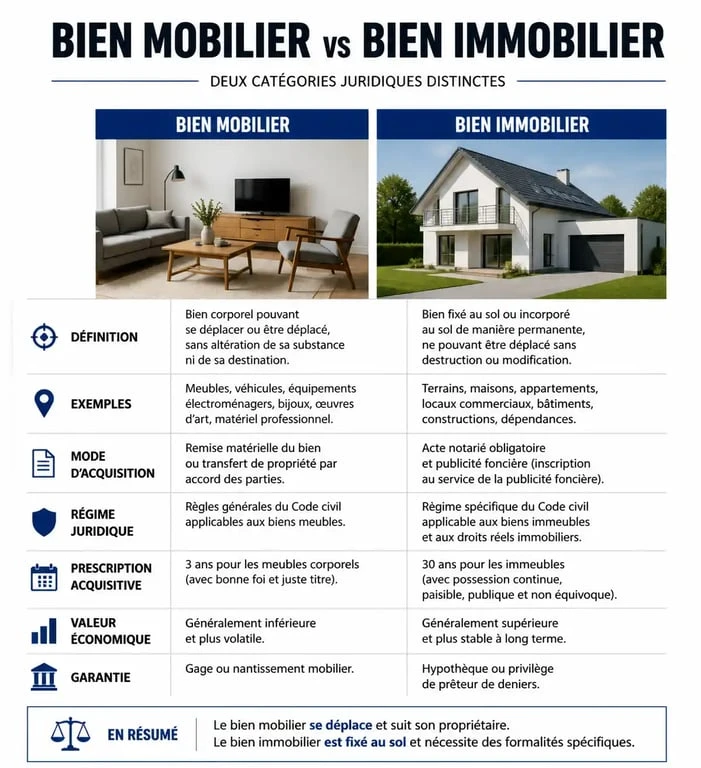 Infographie comparative entre bien mobilier et bien immobilier pour la gestion de patrimoine