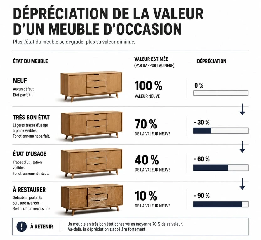 Infographie montrant la décote conseillée pour vendre des meubles d'occasion selon leur état