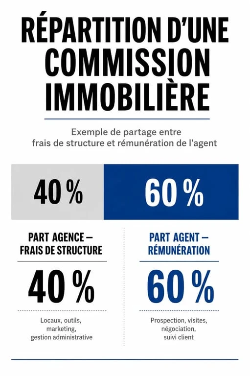 Schéma de répartition d'une commission d'agent immobilier entre agence et agent