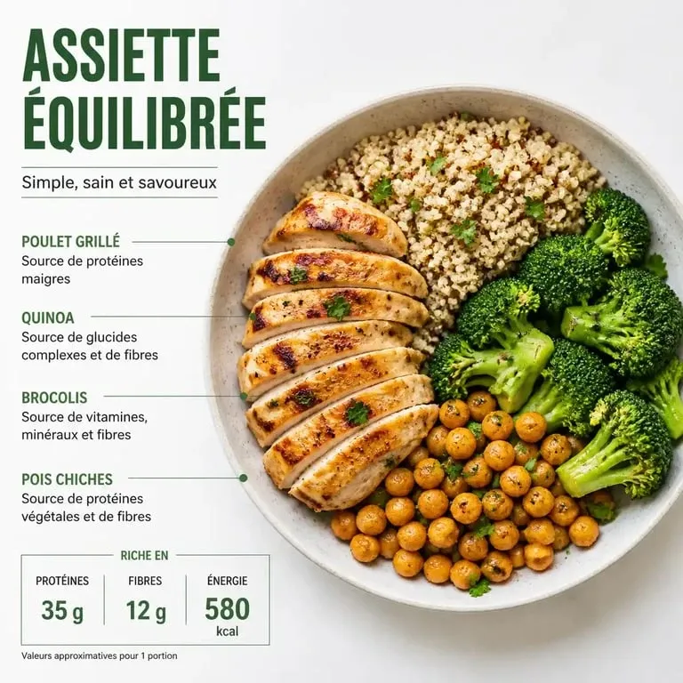 Exemple de repas riche en protéines avec poulet, quinoa et légumes pour une alimentation équilibrée.