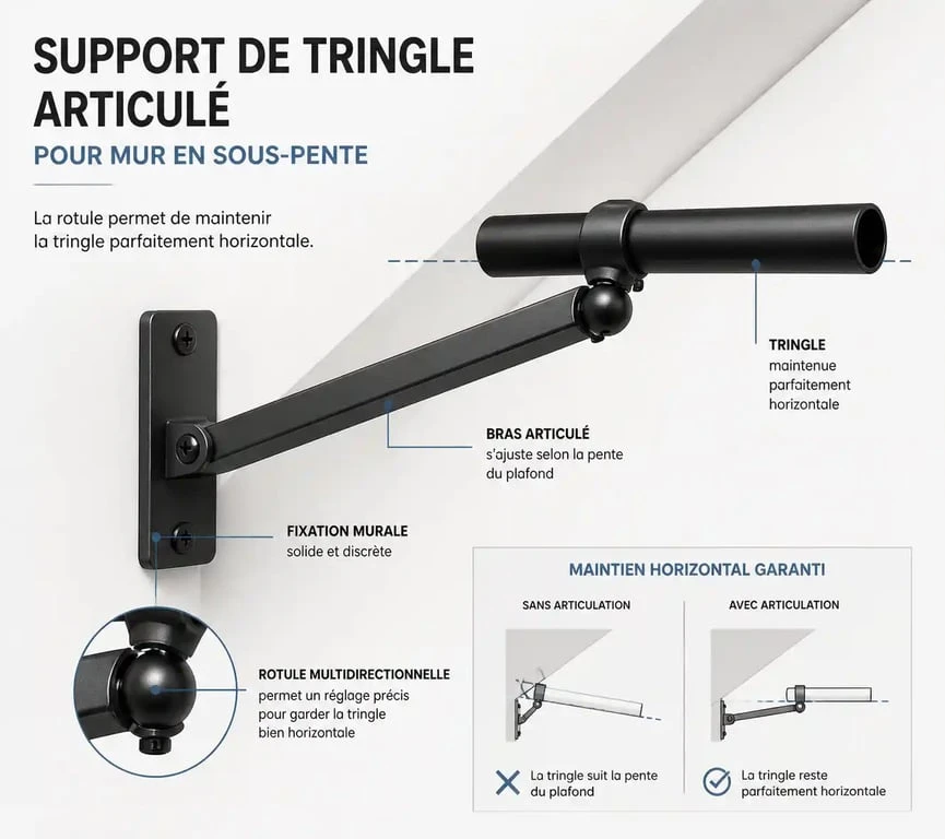 Schéma technique d'un support de tringle à rideau pour sous-pente avec rotule articulée