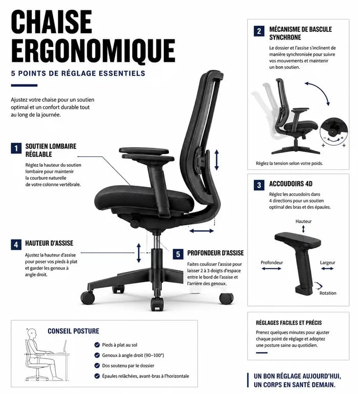 Infographie des réglages essentiels pour une top chaise ergonomique de bureau