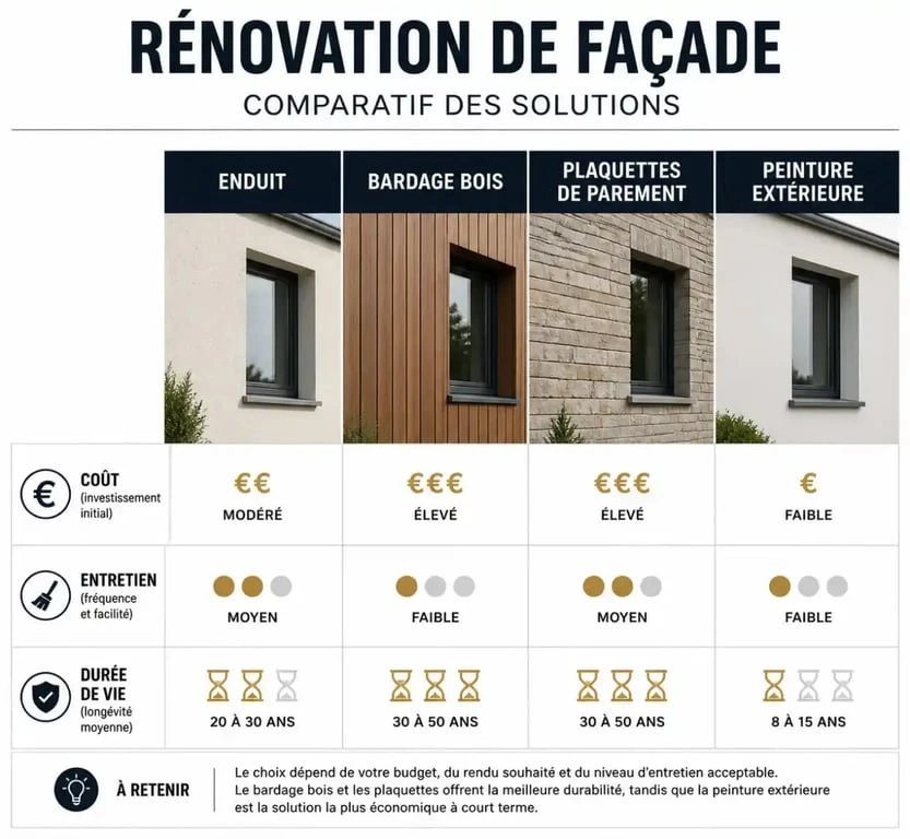 Comparatif des solutions pour rénover ou embellir sa façade : enduit, bardage, parement et peinture