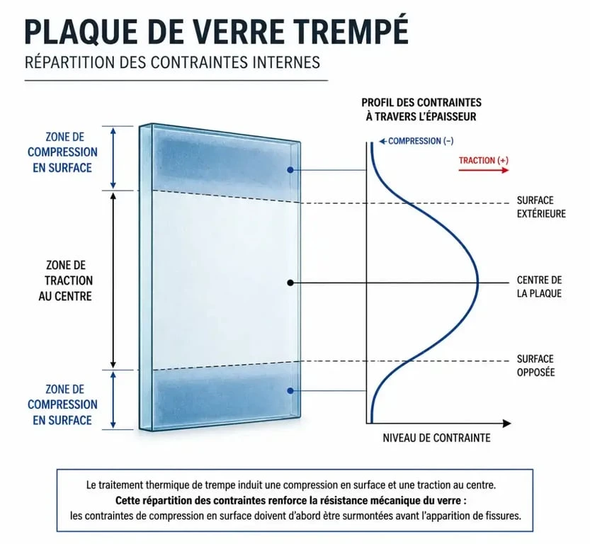 Schéma de la structure interne du verre trempé montrant les zones de compression et de traction