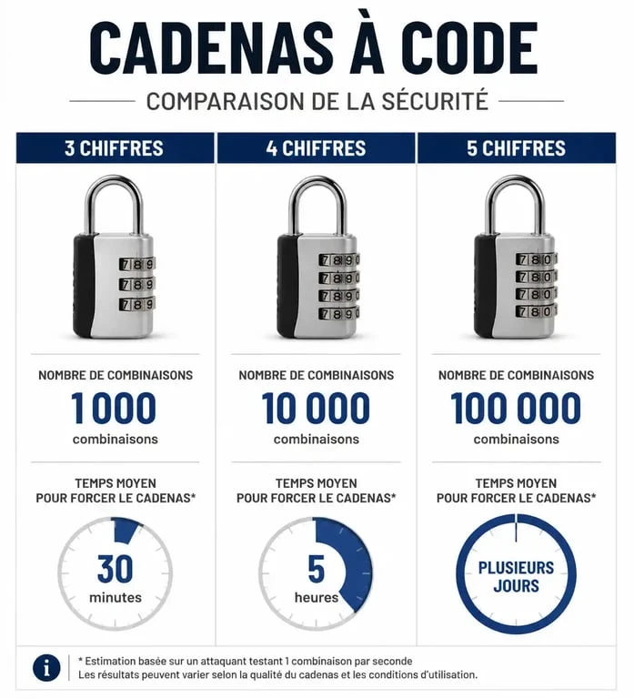 Infographie comparative des niveaux de sécurité des cadenas à code selon le nombre de chiffres
